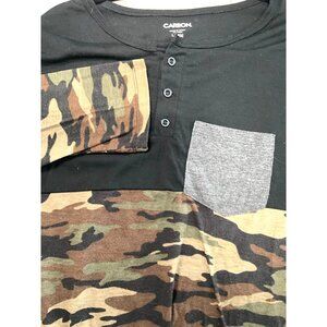 Carbon Men's Large Black/Camo Henley Long Sleeve Shirt Chest Pocket‎